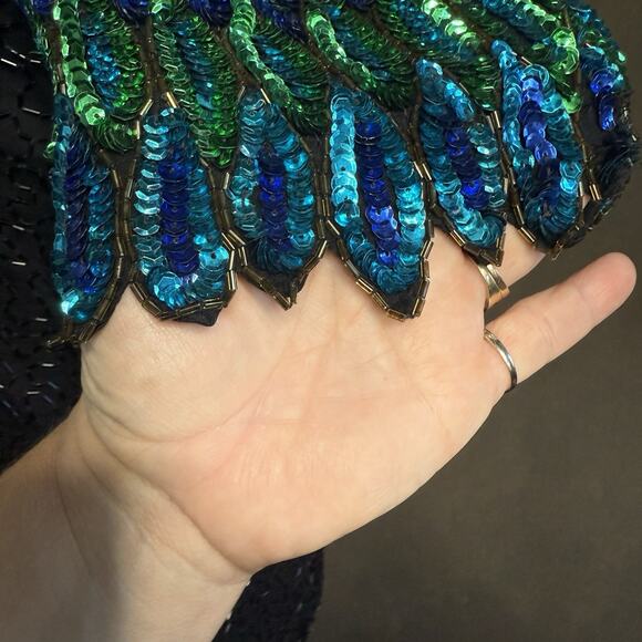 80s Women Stenay Sequin Blouse Top Black Blue Green Beaded Party Glam Occasion - Picture 7 of 11